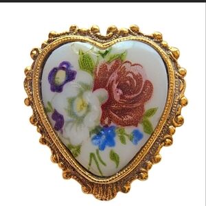 Vintage Heart Pin Gold Tone with Floral Design - 1960s-1970s